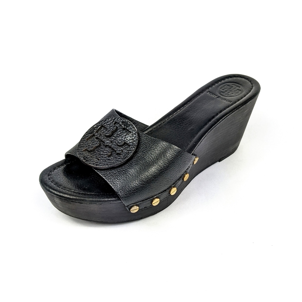 TORY BURCH Black Wedge Sandal Mule Pebbled Leather Size 9